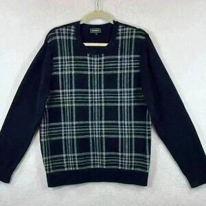 Express Men’s Sweater Size Large Navy and Gray Plaid Front 100% Cotton